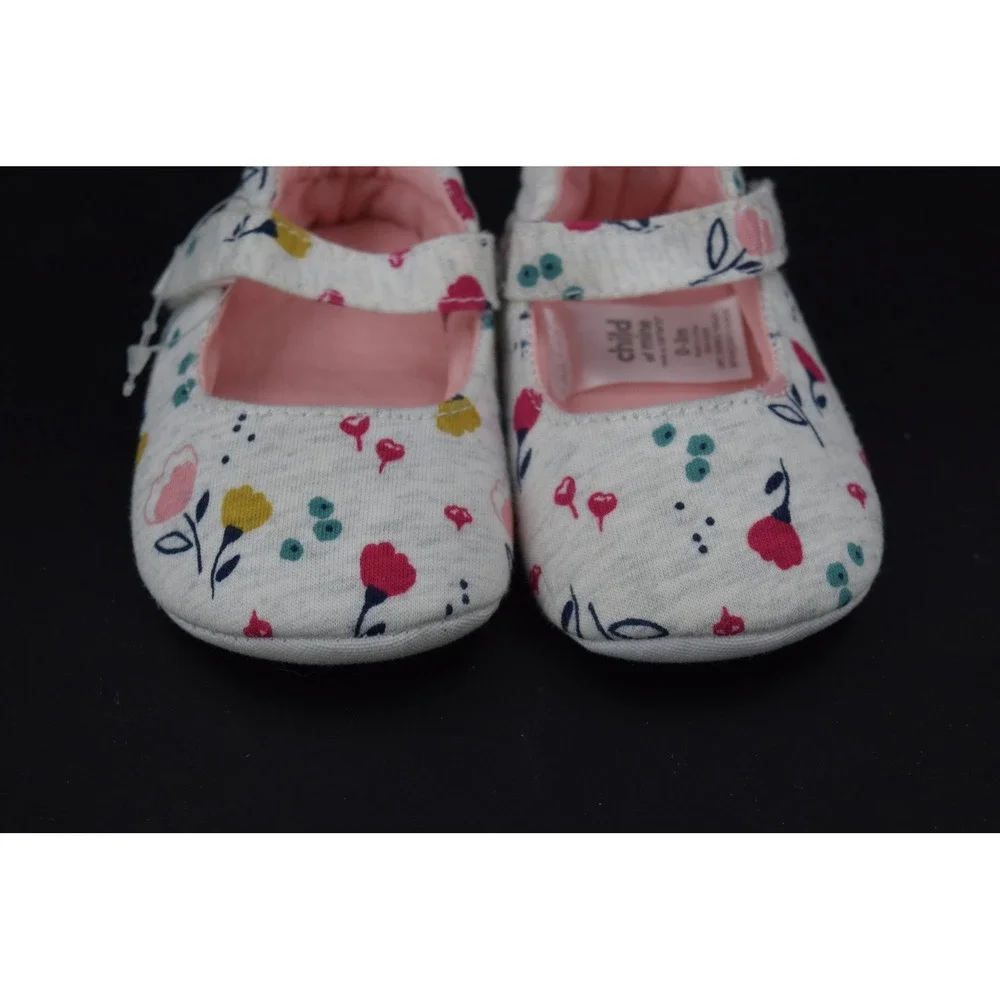 Child of Mine Mary Jane Crib Shoes Baby Girl 0-3M Gray Floral Soft Sole Shoes
